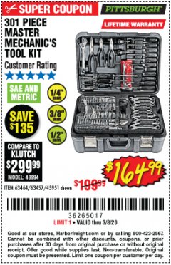 Harbor Freight Coupon 301 PIECE MASTER MECHANIC'S TOOL KIT Lot No. 63464/63457/45951 Expired: 3/8/20 - $164.99