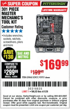 Harbor Freight Coupon 301 PIECE MASTER MECHANIC'S TOOL KIT Lot No. 63464/63457/45951 Expired: 4/1/20 - $169.99