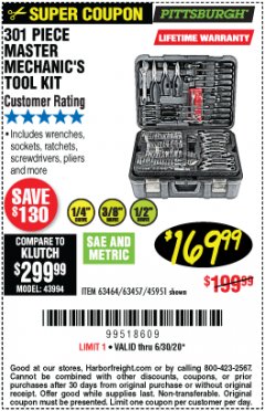 Harbor Freight Coupon PITTSBURGH MECHANICS TOOL SET, 301-PIECE Lot No. 63464 Expired: 6/30/20 - $169.99