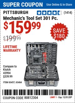 Harbor Freight Coupon 301 PIECE MASTER MECHANIC'S TOOL KIT Lot No. 63464/63457/45951 Expired: 12/31/20 - $159.99