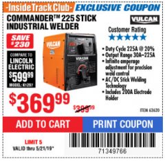 Harbor Freight ITC Coupon VULCAN COMMANDER 225 AC/DC STICK WELDER Lot No. 63620 Expired: 5/21/19 - $369.99
