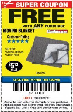 Harbor Freight FREE Coupon 40" X 50" MOVING BLANKET Lot No. 63959 Expired: 8/12/18 - FWP