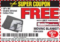 Harbor Freight FREE Coupon 40" X 50" MOVING BLANKET Lot No. 63959 Expired: 12/26/18 - FWP