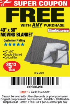 Harbor Freight FREE Coupon 40" X 50" MOVING BLANKET Lot No. 63959 Expired: 9/9/18 - FWP