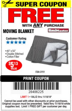 Harbor Freight FREE Coupon 40" X 50" MOVING BLANKET Lot No. 63959 Expired: 11/18/18 - FWP