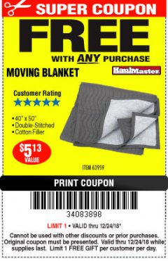 Harbor Freight FREE Coupon 40" X 50" MOVING BLANKET Lot No. 63959 Expired: 12/24/18 - FWP