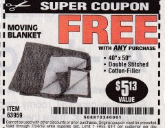 Harbor Freight FREE Coupon 40" X 50" MOVING BLANKET Lot No. 63959 Expired: 7/24/19 - FWP
