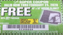 Harbor Freight FREE Coupon 40" X 50" MOVING BLANKET Lot No. 63959 Expired: 2/26/20 - FWP