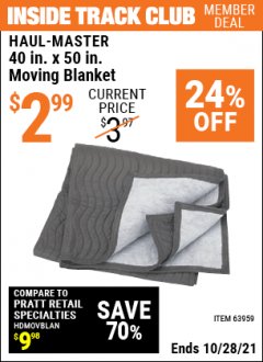 Harbor Freight ITC Coupon 40" X 50" MOVING BLANKET Lot No. 63959 Expired: 10/28/21 - $2.99