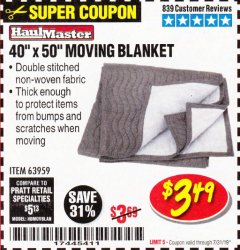 Harbor Freight Coupon 40" X 50" MOVING BLANKET Lot No. 63959 Expired: 7/31/19 - $3.49