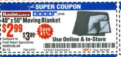 Harbor Freight Coupon 40" X 50" MOVING BLANKET Lot No. 63959 Expired: 8/21/20 - $2.99