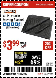 Harbor Freight Coupon 40" X 50" MOVING BLANKET Lot No. 63959 Expired: 7/31/22 - $3.99