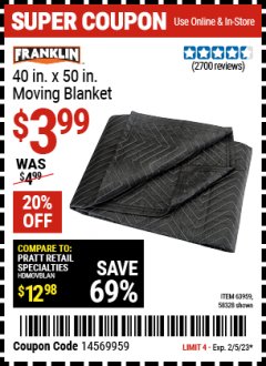 Harbor Freight Coupon 40" X 50" MOVING BLANKET Lot No. 63959 Expired: 2/5/23 - $3.99