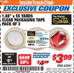 Harbor Freight ITC Coupon 1/88: X 55 YARDS CLEAR PACKING TAPE PACK OF 3 Lot No. 63241 Expired: 2/29/20 - $3.99