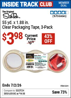Harbor Freight ITC Coupon STIKTEK 55 YD. X 1.88 IN. CLEAR PACKAGING TAPE, 3-PACK Lot No. 63241 Dates Valid: 12/31/69 - 7/2/26 - $3.98