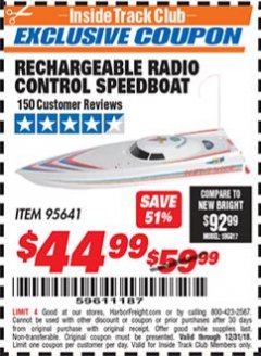 Harbor Freight ITC Coupon RECHARGABLE RADIO CONTROL SPEEDBOAT Lot No. 95641 Expired: 12/31/18 - $44.99