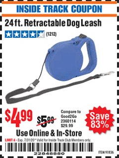 Harbor Freight ITC Coupon 24 FT. RETRACTABLE DOG LEASH Lot No. 91836 Expired: 7/31/20 - $4.99