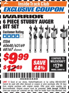 Harbor Freight ITC Coupon WARRIOR 6 PIECE STUBBY AUGER BIT SET Lot No. 60648 Expired: 11/30/18 - $9.99