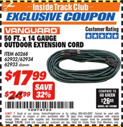 Harbor Freight ITC Coupon VANGUARD 50 FT. X 14 GAUGE OUTDOOR EXTENSION CORD Lot No. 60268 / 62932 / 62934 / 62933 Expired: 7/31/18 - $17.99