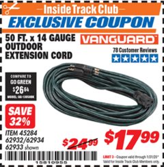 Harbor Freight ITC Coupon VANGUARD 50 FT. X 14 GAUGE OUTDOOR EXTENSION CORD Lot No. 60268 / 62932 / 62934 / 62933 Expired: 1/31/20 - $17.99