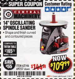 Harbor Freight Coupon 14" OSCILLATING SPINDLE SANDER Lot No. 69257/95088/62146 Expired: 11/30/18 - $109.99