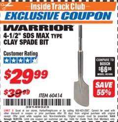 Harbor Freight ITC Coupon 4-1/2 IN SDS MAX TYPE CLAY SPADE BIT Lot No. 60414 Expired: 10/31/18 - $29.99