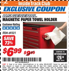 Harbor Freight ITC Coupon MAGNETIC PAPER TOWEL HOLDER Lot No. 69321 Expired: 11/30/18 - $6.99