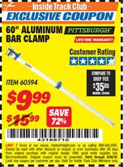 Harbor Freight ITC Coupon 60" ALUMINIUM BAR CLAMP Lot No. 60594 Expired: 6/30/18 - $9.99