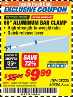 Harbor Freight ITC Coupon 60" ALUMINIUM BAR CLAMP Lot No. 60594 Expired: 11/30/19 - $9.99