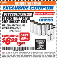 Harbor Freight ITC Coupon 10 PIECE 1/4" DRIVE HIGH VISIBILITY DEEP SOCKET SETS Lot No. 67876/61333/61345/67874 Expired: 3/31/19 - $6.99