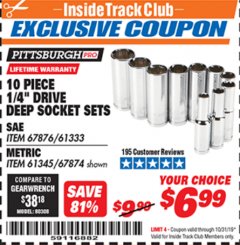 Harbor Freight ITC Coupon 10 PIECE 1/4" DRIVE HIGH VISIBILITY DEEP SOCKET SETS Lot No. 67876/61333/61345/67874 Expired: 10/31/19 - $6.99