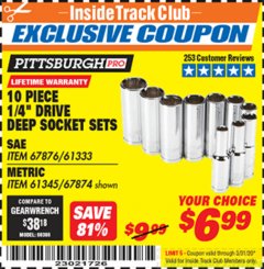 Harbor Freight ITC Coupon 10 PIECE 1/4" DRIVE HIGH VISIBILITY DEEP SOCKET SETS Lot No. 67876/61333/61345/67874 Expired: 3/31/20 - $6.99