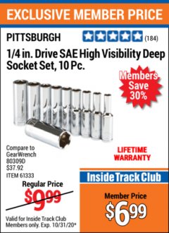 Harbor Freight ITC Coupon 10 PIECE 1/4" DRIVE HIGH VISIBILITY DEEP SOCKET SETS Lot No. 67876/61333/61345/67874 Expired: 10/31/20 - $6.99