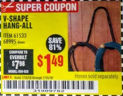 Harbor Freight Coupon V-SHAPE HANG-ALL Lot No. 38442/61430/61533/68995 Expired: 7/15/18 - $1.49
