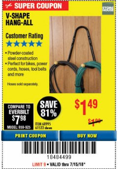 Harbor Freight Coupon V-SHAPE HANG-ALL Lot No. 38442/61430/61533/68995 Expired: 7/15/18 - $1.49