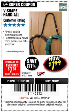 Harbor Freight Coupon V-SHAPE HANG-ALL Lot No. 38442/61430/61533/68995 Expired: 10/21/18 - $1.49