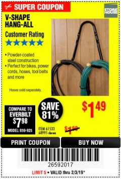 Harbor Freight Coupon V-SHAPE HANG-ALL Lot No. 38442/61430/61533/68995 Expired: 2/3/19 - $1.49