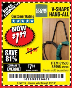 Harbor Freight Coupon V-SHAPE HANG-ALL Lot No. 38442/61430/61533/68995 Expired: 6/1/19 - $1.49