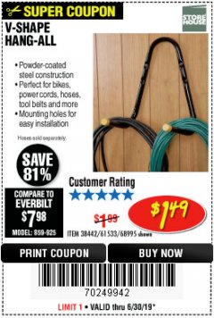 Harbor Freight Coupon V-SHAPE HANG-ALL Lot No. 38442/61430/61533/68995 Expired: 6/30/19 - $1.49