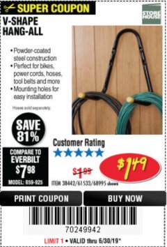 Harbor Freight Coupon V-SHAPE HANG-ALL Lot No. 38442/61430/61533/68995 Expired: 6/30/19 - $1.49