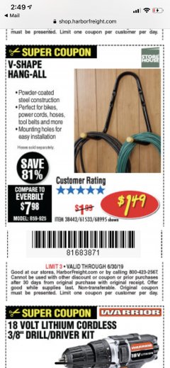 Harbor Freight Coupon V-SHAPE HANG-ALL Lot No. 38442/61430/61533/68995 Expired: 6/30/19 - $1.49