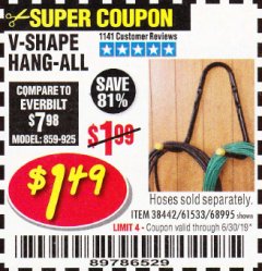 Harbor Freight Coupon V-SHAPE HANG-ALL Lot No. 38442/61430/61533/68995 Expired: 6/30/19 - $1.5