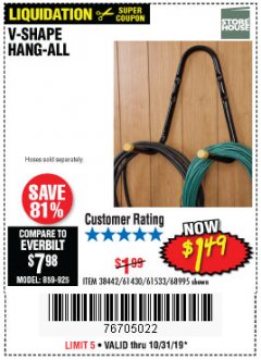 Harbor Freight Coupon V-SHAPE HANG-ALL Lot No. 38442/61430/61533/68995 Expired: 10/31/19 - $1.49