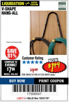Harbor Freight Coupon V-SHAPE HANG-ALL Lot No. 38442/61430/61533/68995 Expired: 10/31/19 - $1.49