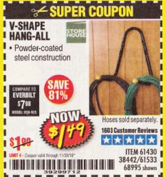 Harbor Freight Coupon V-SHAPE HANG-ALL Lot No. 38442/61430/61533/68995 Expired: 11/30/19 - $1.49