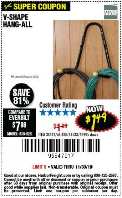 Harbor Freight Coupon V-SHAPE HANG-ALL Lot No. 38442/61430/61533/68995 Expired: 11/30/19 - $1.49