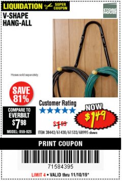 Harbor Freight Coupon V-SHAPE HANG-ALL Lot No. 38442/61430/61533/68995 Expired: 11/10/19 - $1.49