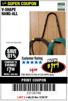 Harbor Freight Coupon V-SHAPE HANG-ALL Lot No. 38442/61430/61533/68995 Expired: 12/8/19 - $1.49