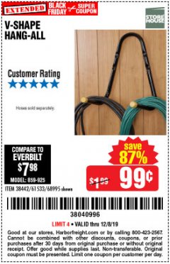 Harbor Freight Coupon V-SHAPE HANG-ALL Lot No. 38442/61430/61533/68995 Expired: 12/8/19 - $0.99