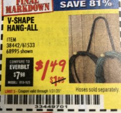 Harbor Freight Coupon V-SHAPE HANG-ALL Lot No. 38442/61430/61533/68995 Expired: 1/31/20 - $1.49